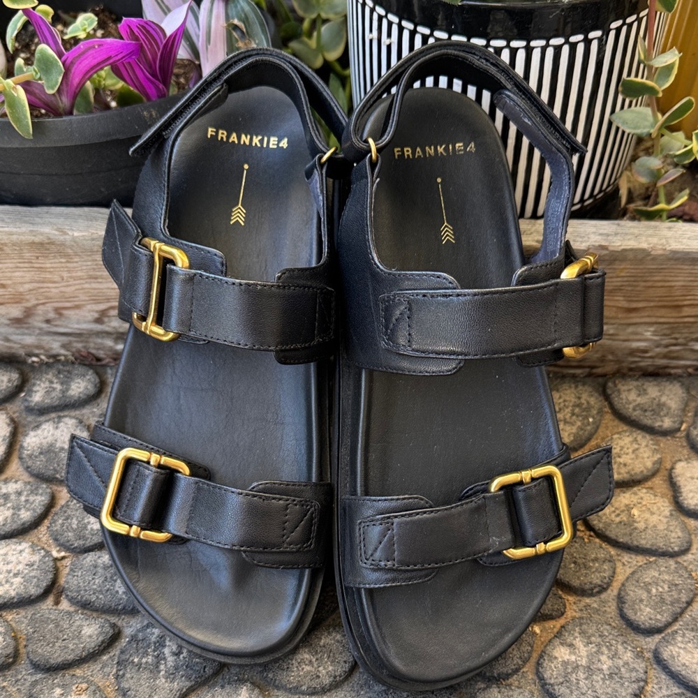 Frankie4 Black Sandals with Gold Buckles